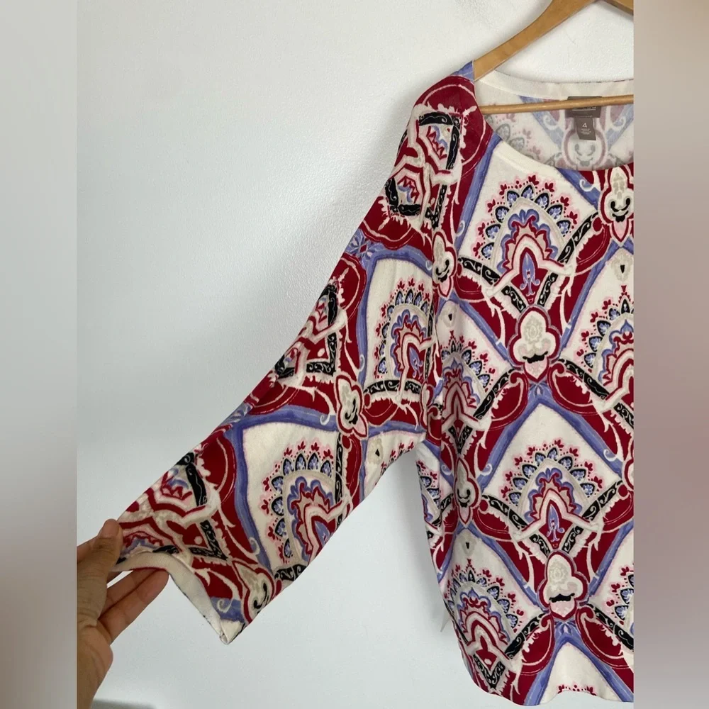 Chico's Watercolor Medallion Dolman Sleeves Sweater Size 4 US XXL‎ Boat Neck Red